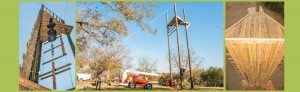 Three different shots of the construction of a climbing tower on a ropes course